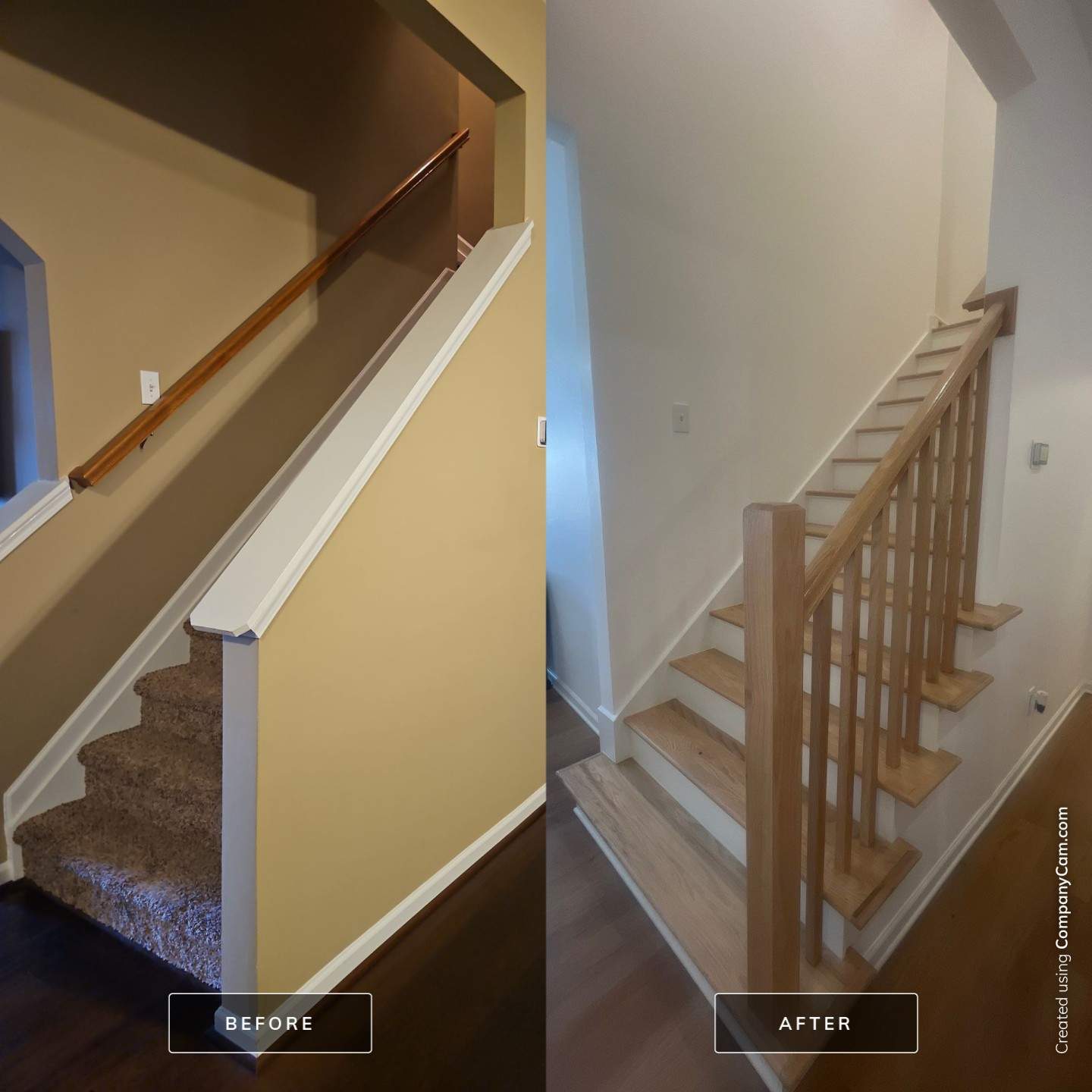 Side-by-side comparison of a staircase before and after renovation; the before image shows carpeted steps and tan walls, the after image shows wood steps, white walls, and a new wooden railing.