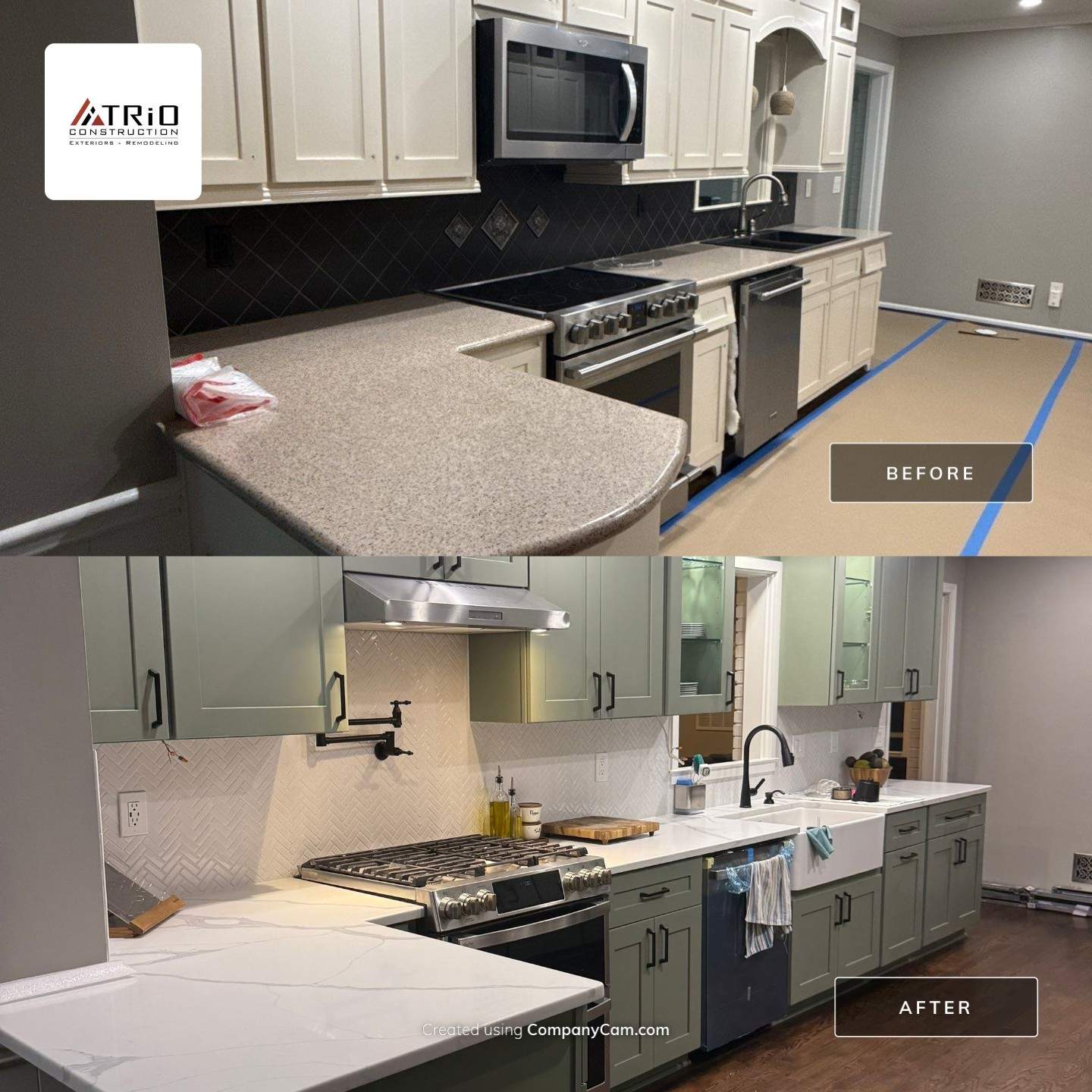 Side-by-side comparison of a kitchen before and after renovation, showing updated cabinets, countertops, backsplash, and appliances.