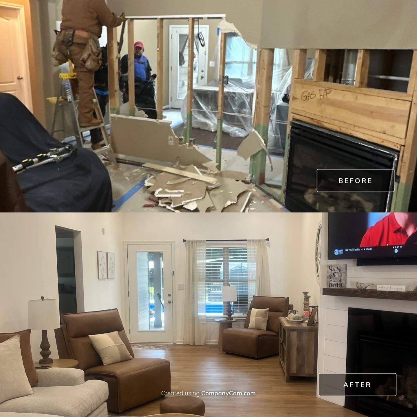 Top image shows a living room under renovation with exposed framing and debris; bottom image reveals the same space transformed by a remodeler, now fully remodeled, furnished, and tidy.