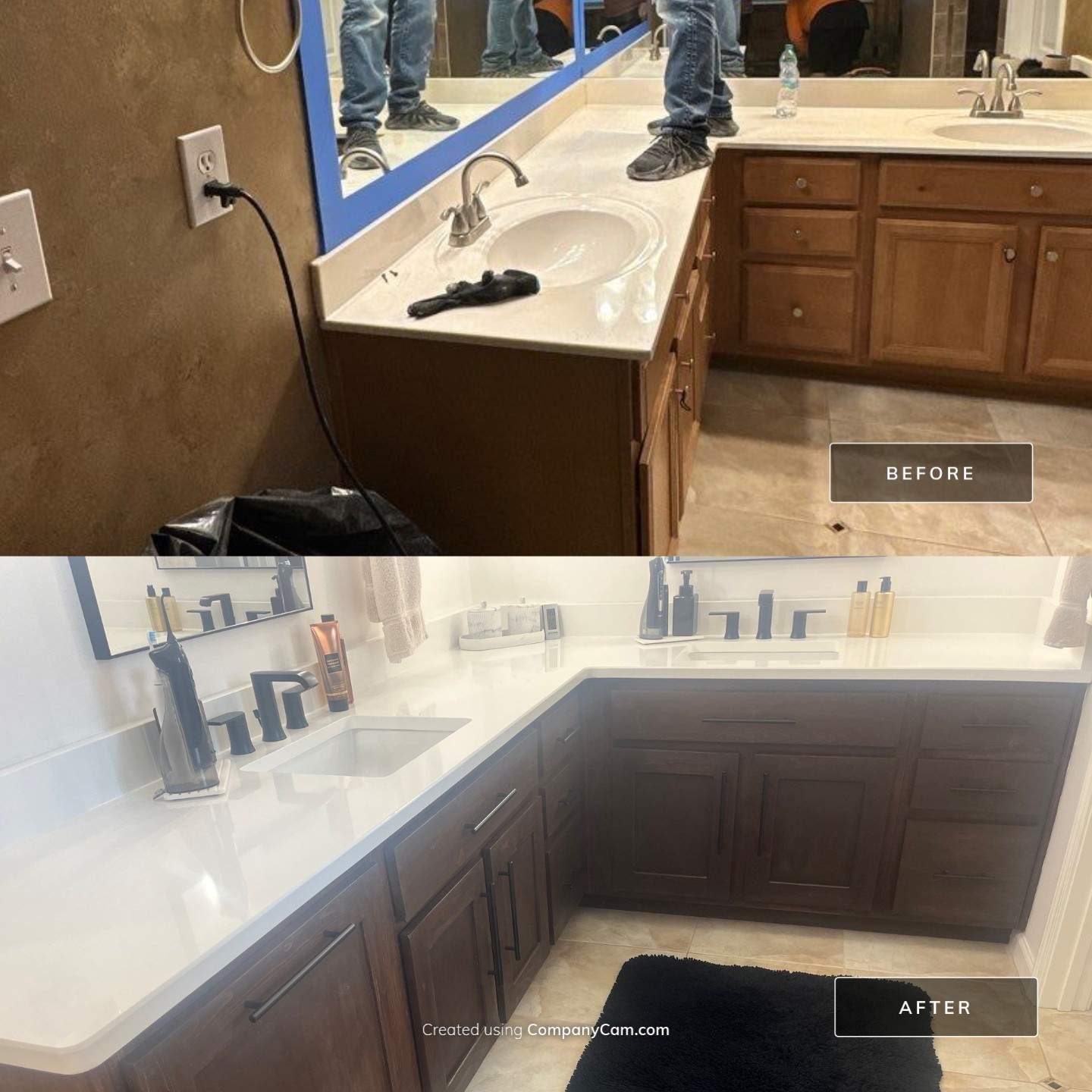 Before and after bathroom vanity renovation by a skilled remodeler, featuring updated white countertops, dark-stained cabinets, matte black hardware, and new undermount sinks replacing the original dated setup.